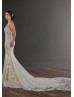 Sleeveless Beaded Ivory Lace Jersey Deep V Buttons Back Wedding Dress